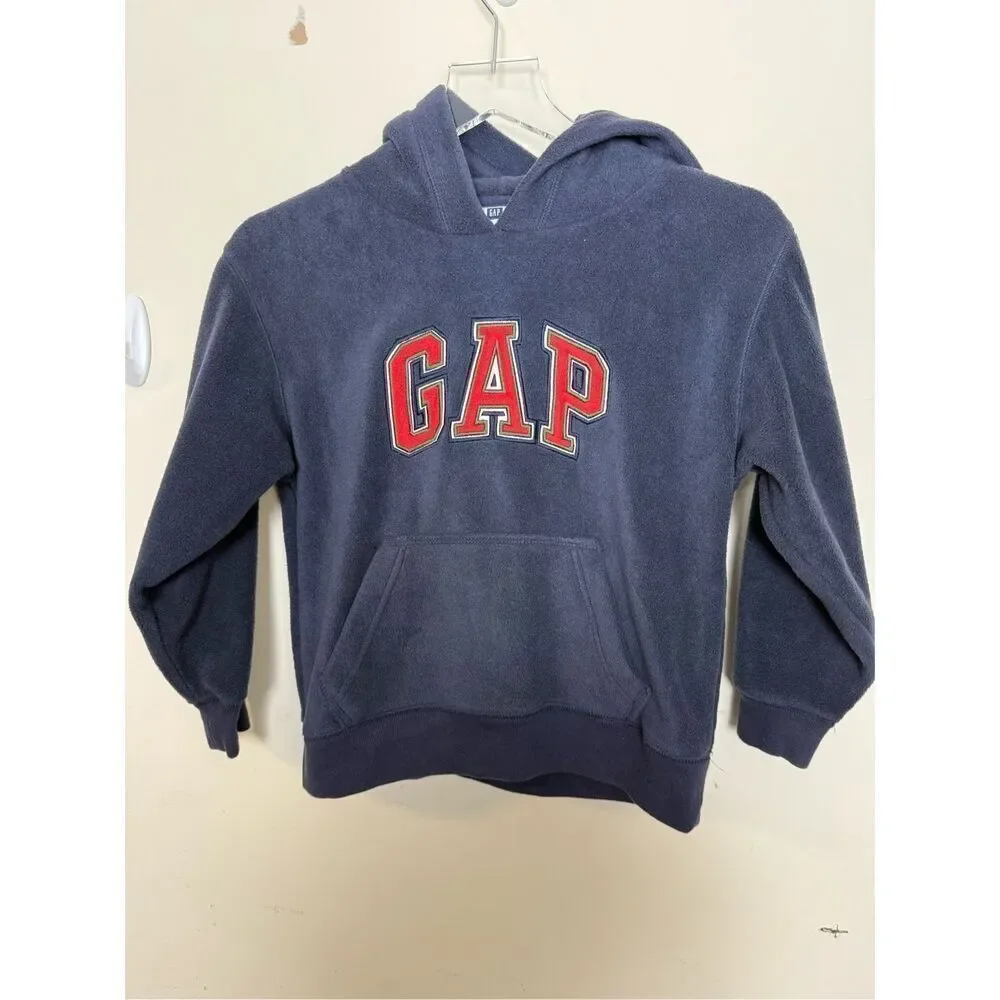 Gap Kids Boys Hoodie Size Small Navy Blue, Red Logo Fleece Lined Sweatshirt Pock
